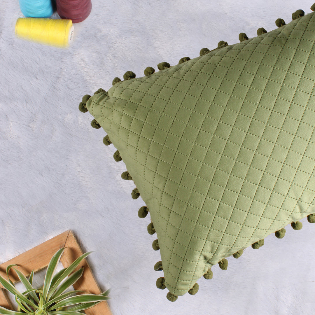 Both Side with PomPom Quilted Velvet Rectangular Cushion Cover (Set of 2), Mehndi