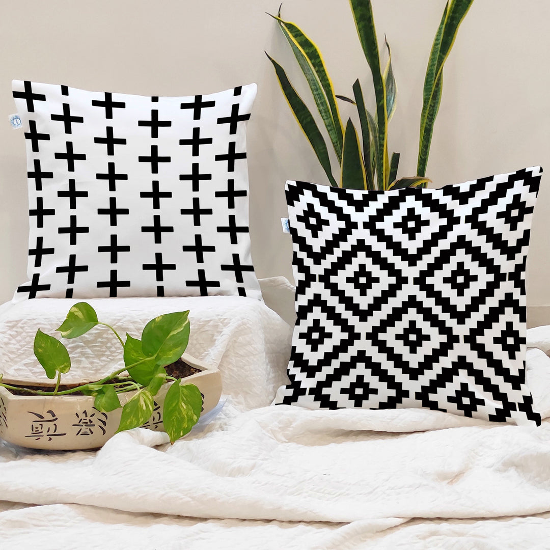 Geometric Black and White Printed Canvas Cotton Cushion Cover, Set of 2 ( 24 x 24 Inches )