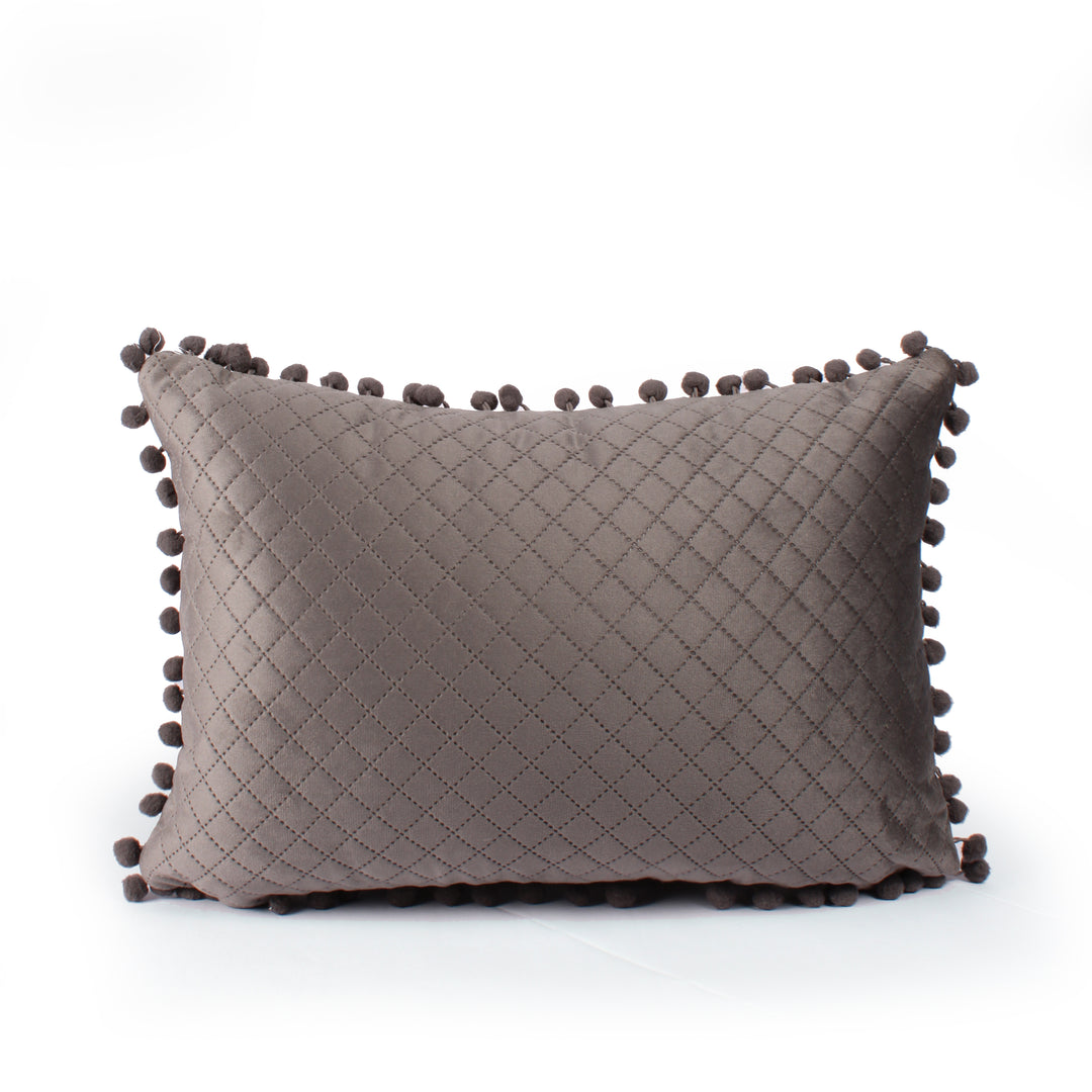 Both Side with PomPom Quilted Velvet Rectangular Cushion Cover (Set of 2), Grey