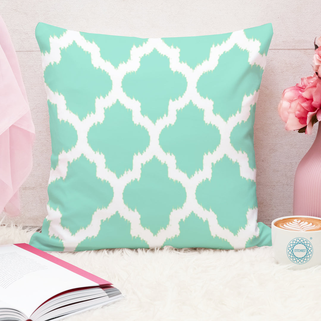 Teal Geometrical Ikat Ethnic Printed Cotton Canvas Cushion Covers, Set of 5