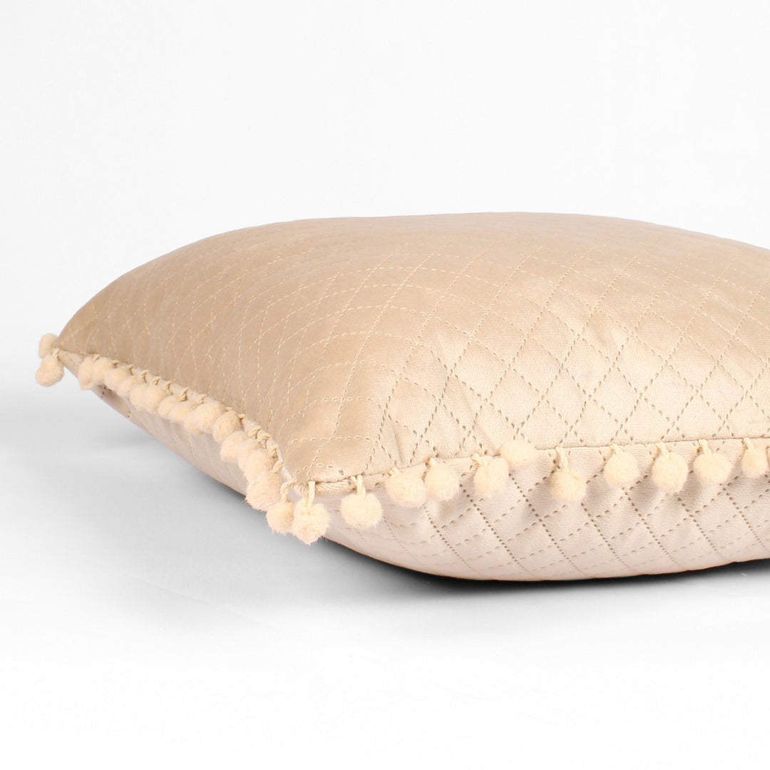 Both Side with PomPom Quilted Velvet Cushion Cover (Set of 5), Beige