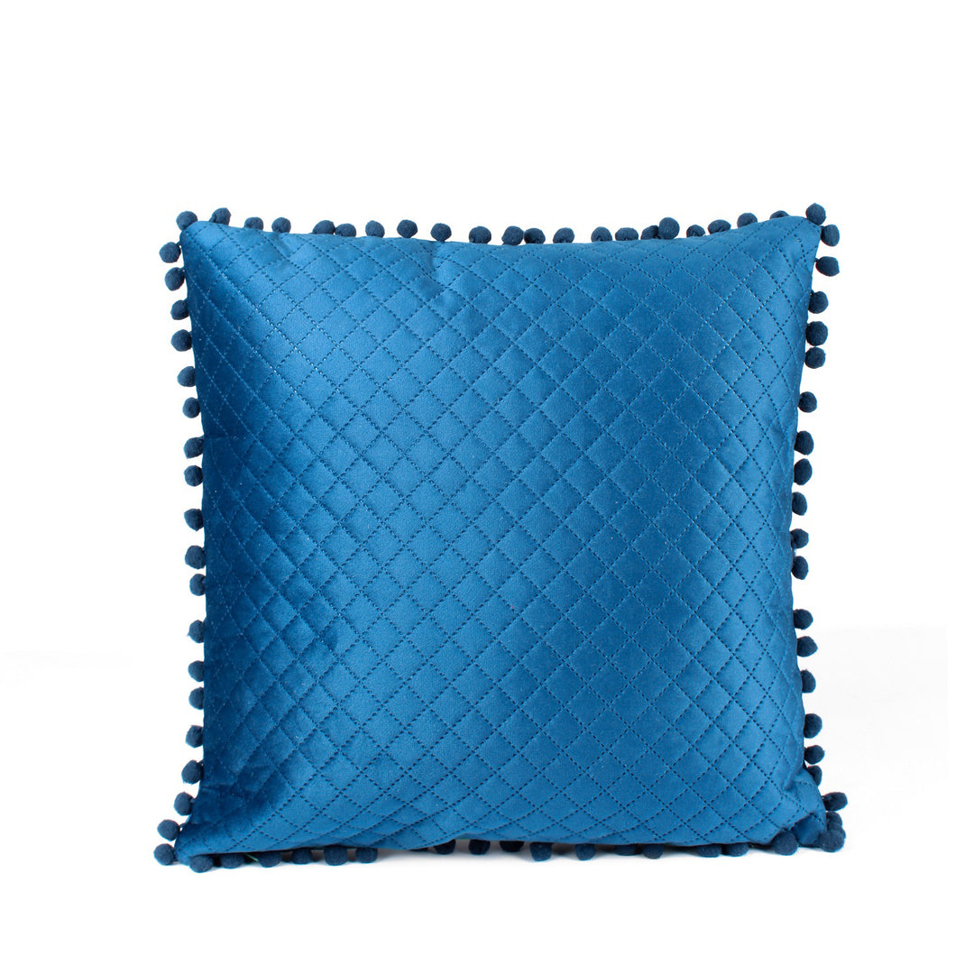 Both Side with PomPom Quilted Velvet Cushion Cover (Set of 2), Blue