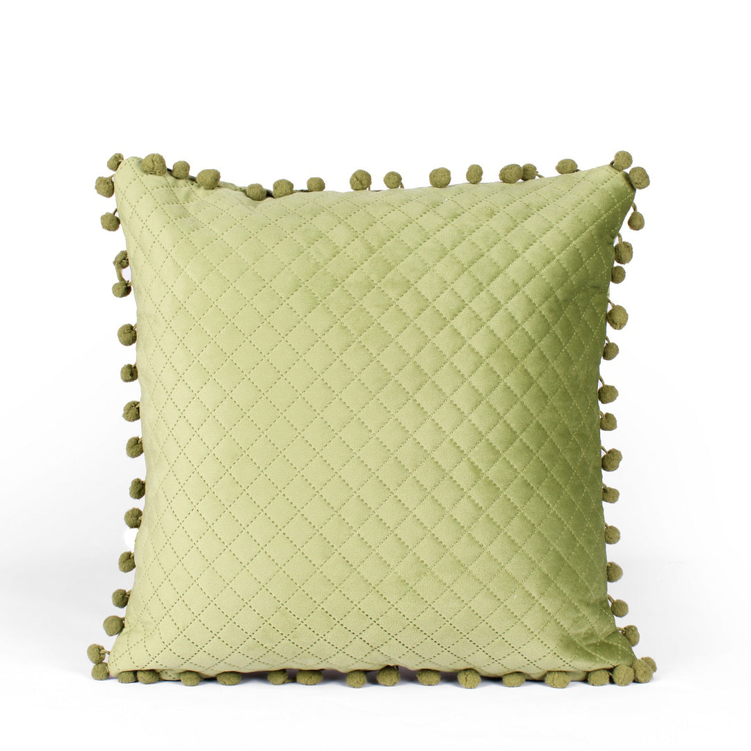 Both Side with PomPom Quilted Velvet Cushion Cover (Set of 2), Mehndi