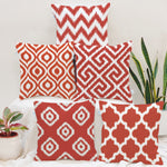 Load image into Gallery viewer, Red Geometrical Ikat Ethnic Printed Canvas Cotton Cushion Covers, Set of 5
