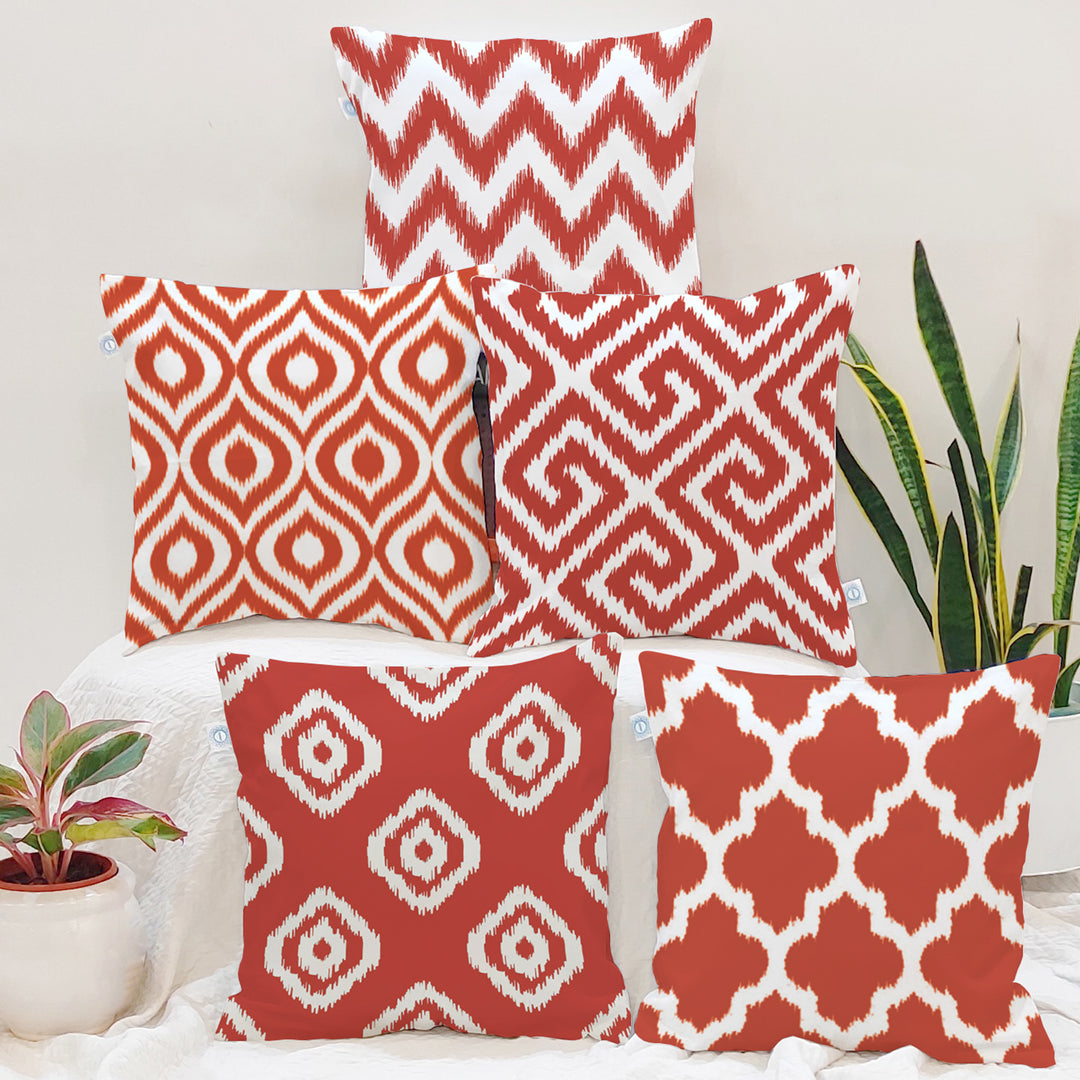 Red Geometrical Ikat Ethnic Printed Canvas Cotton Cushion Covers, Set of 5