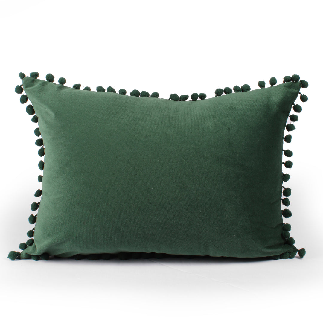 Velvet Cushion Covers Adorned With Pom Poms Rectangular Set of 2 ,Green