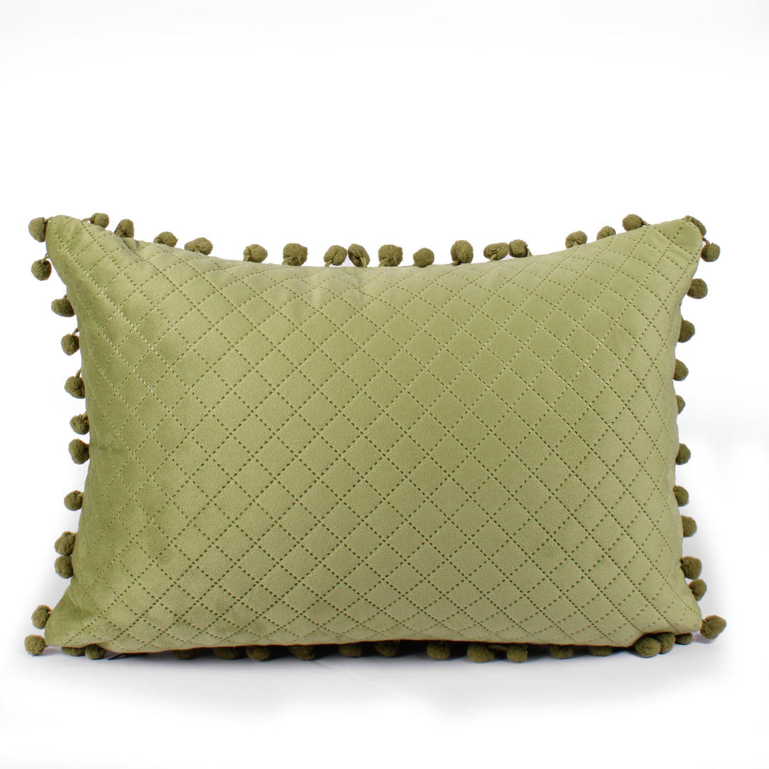 Both Side with PomPom Quilted Velvet Rectangular Cushion Cover (Set of 2), Mehndi