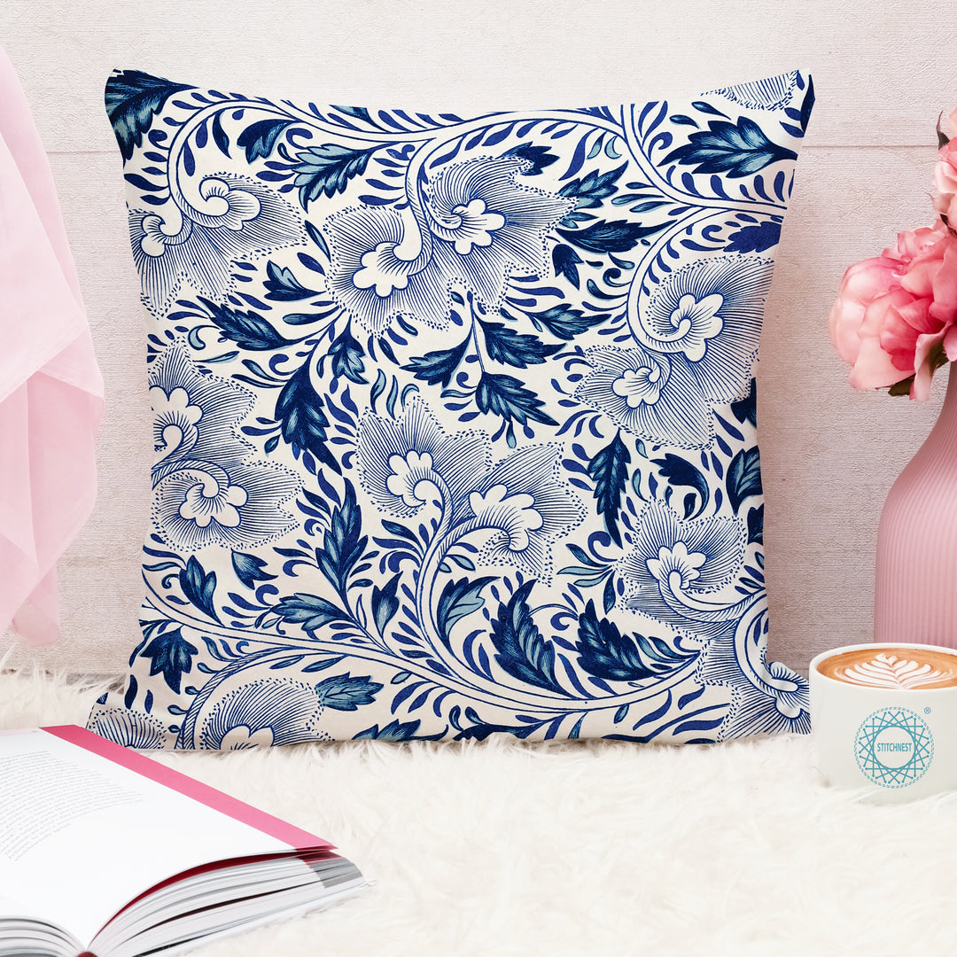 Ethnic Blue Printed Canvas Cotton Cushion Covers, Set of 5