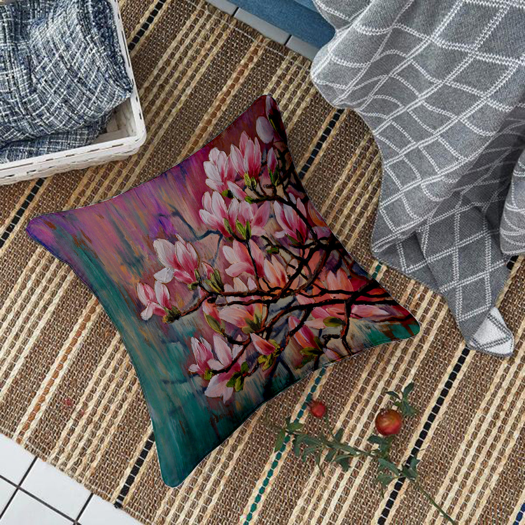 Floral Pink Flower Printed Canvas Cotton Cushion Covers, Set of 5