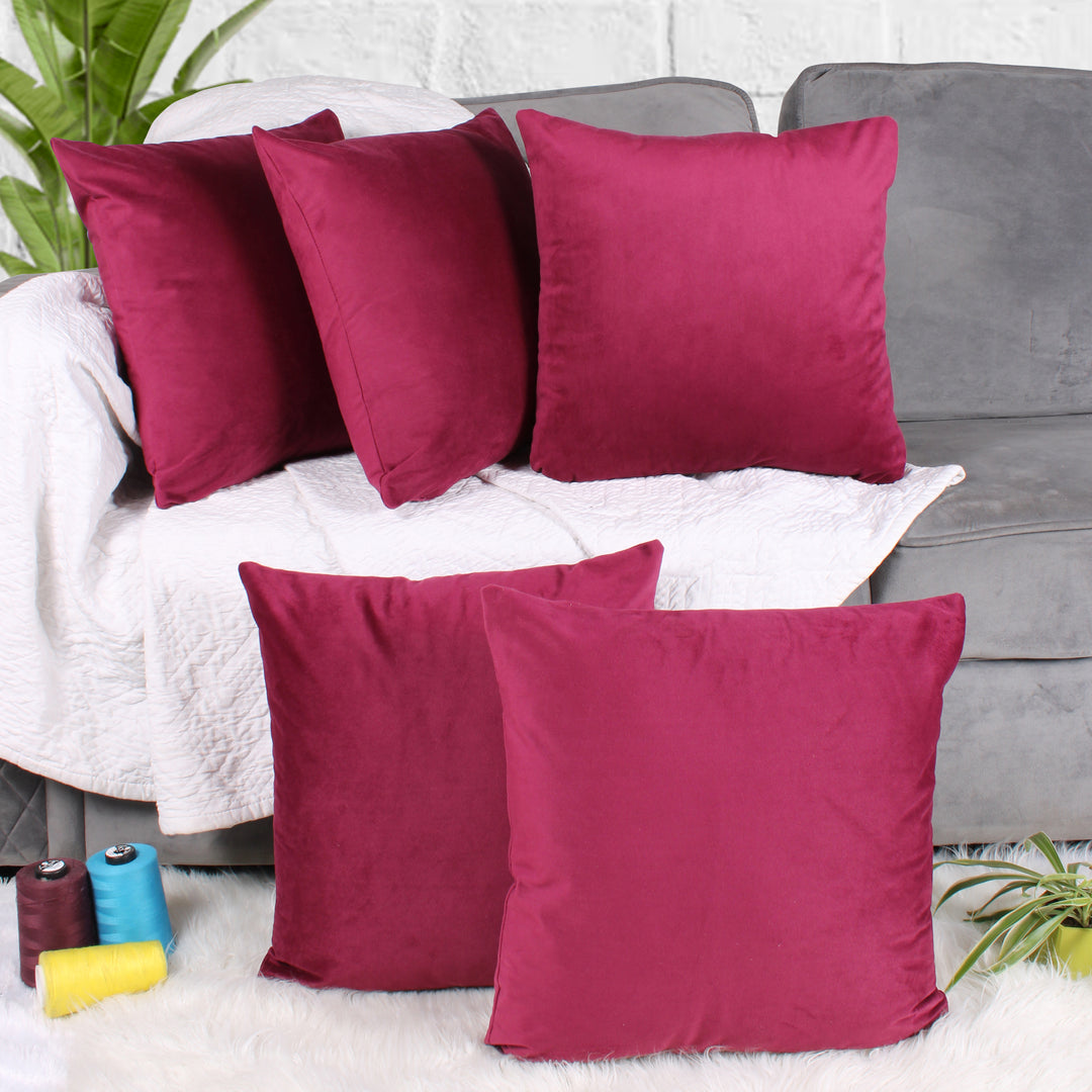 Soft Luxurious Velvet Cushion Covers Set of 5, Maroon