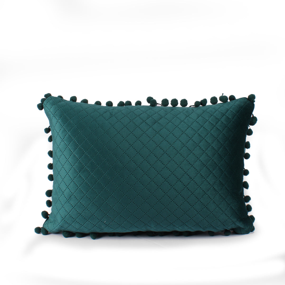 Both Side with PomPom Quilted Velvet Rectangular Cushion Cover (Set of 2), Green