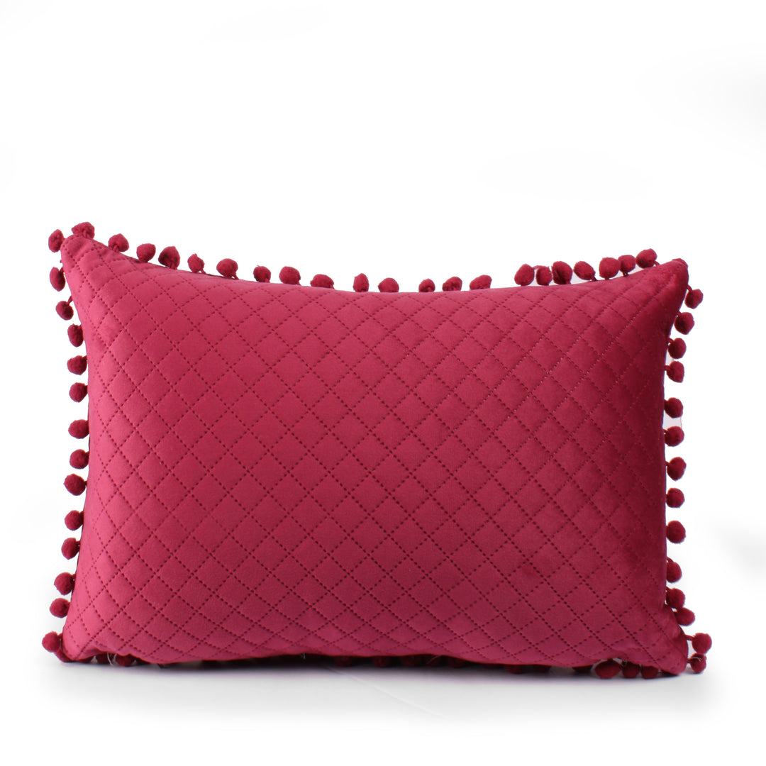 Both Side with PomPom Quilted Velvet Rectangular Cushion Cover (Set of 2), Maroon