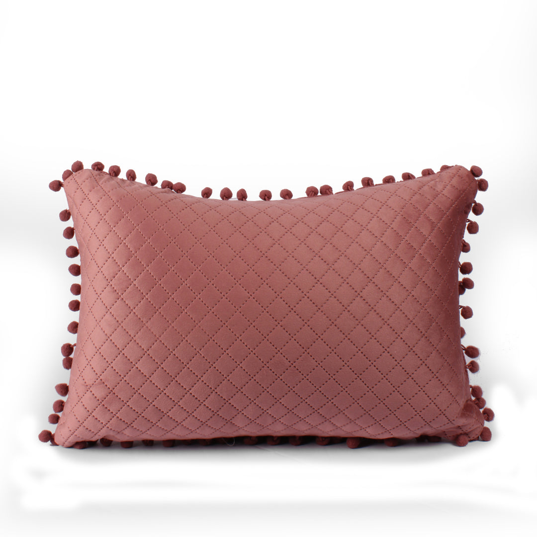 Both Side with PomPom Quilted Velvet Rectangular Cushion Cover (Set of 2), Peach