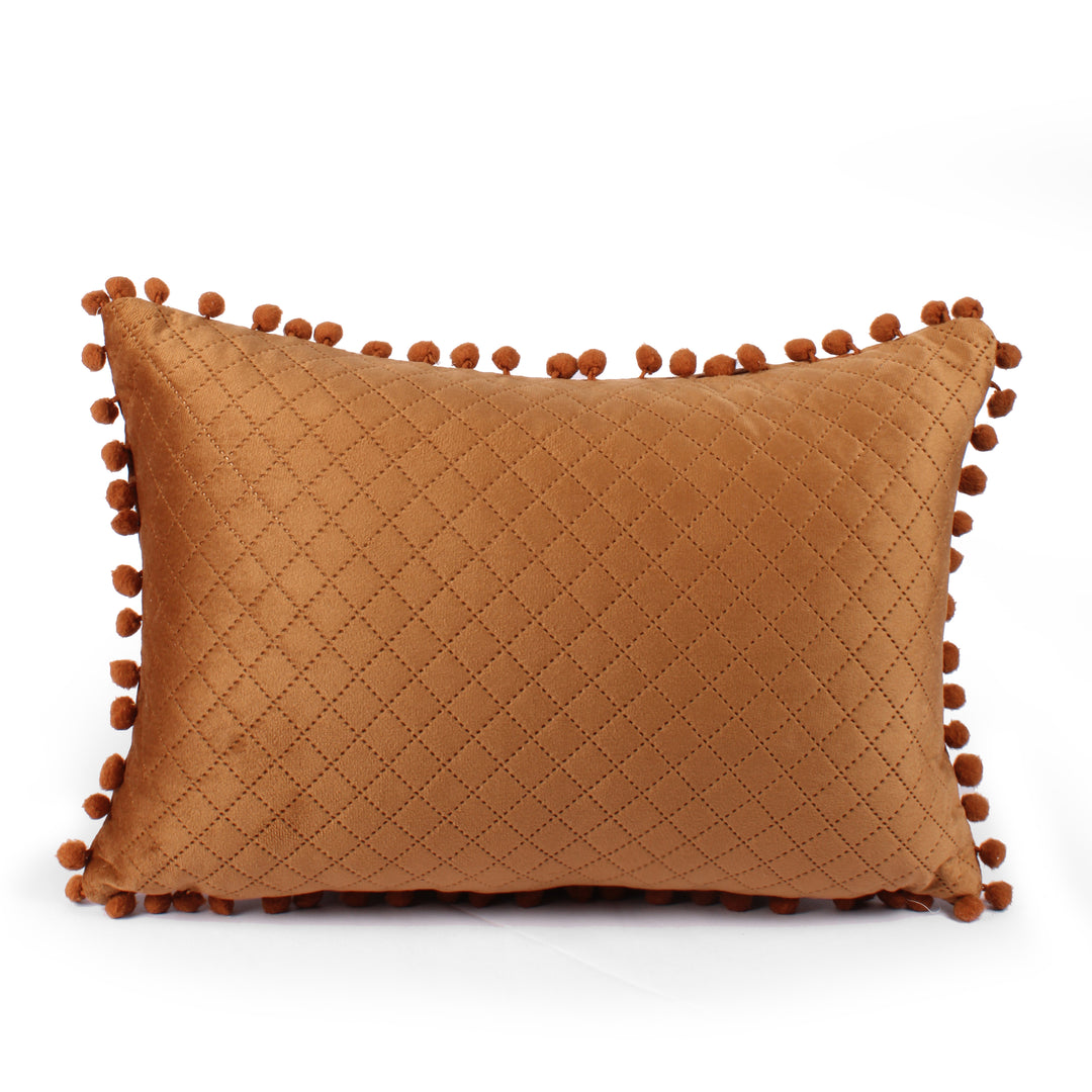 Both Side with PomPom Quilted Velvet Rectangular Cushion Cover (Set of 2), Brown