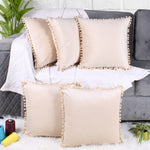Load image into Gallery viewer, Velvet Cushion Covers Adorned With Pom Poms Set of 5, Beige