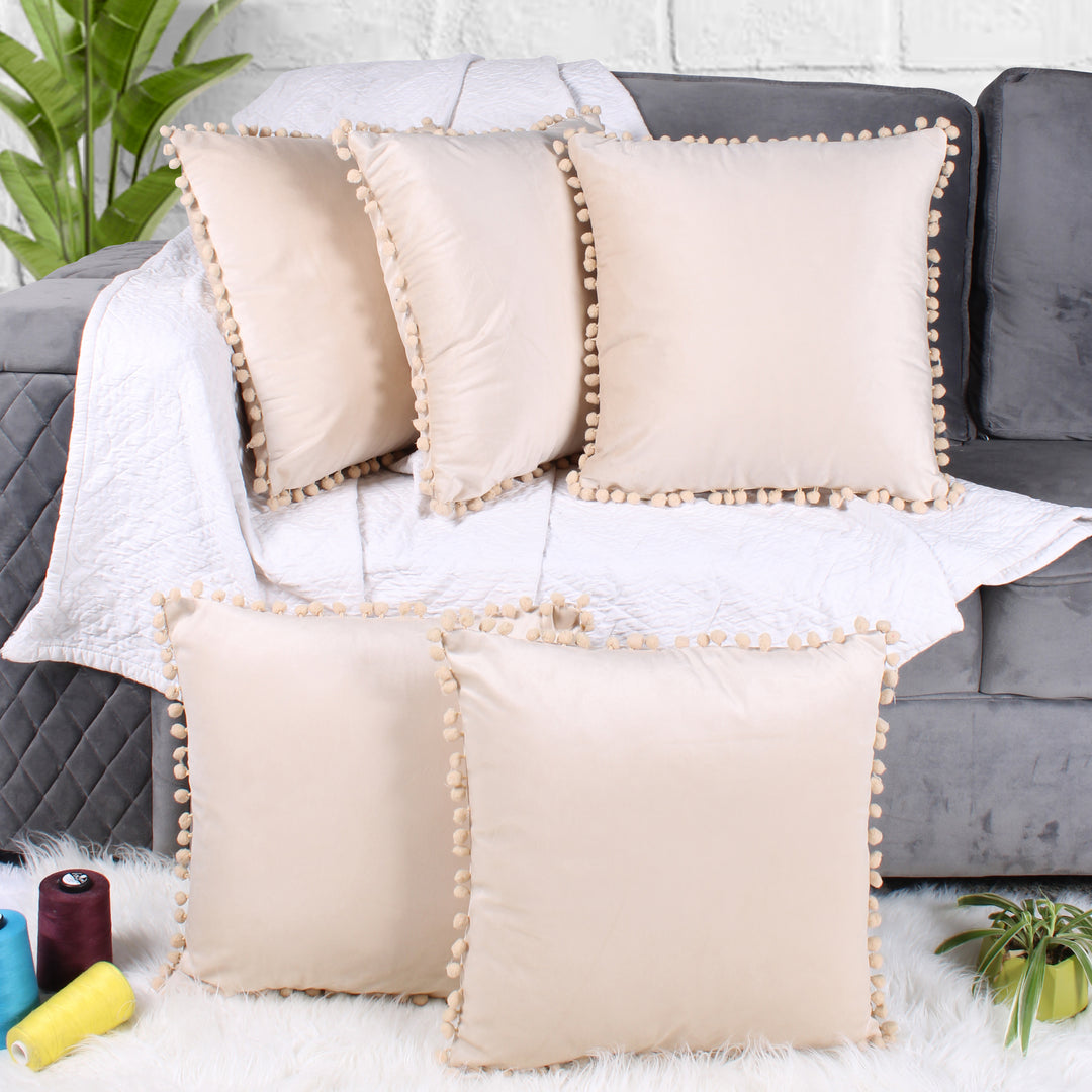 Velvet Cushion Covers Adorned With Pom Poms Set of 5, Beige