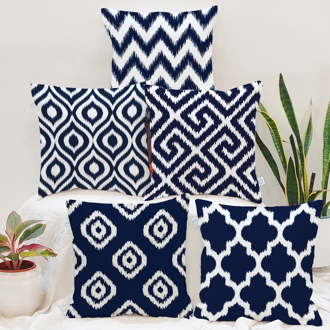 Ikat Blue Geometric Printed Cotton Canvas Cushion Cover Pack of 5