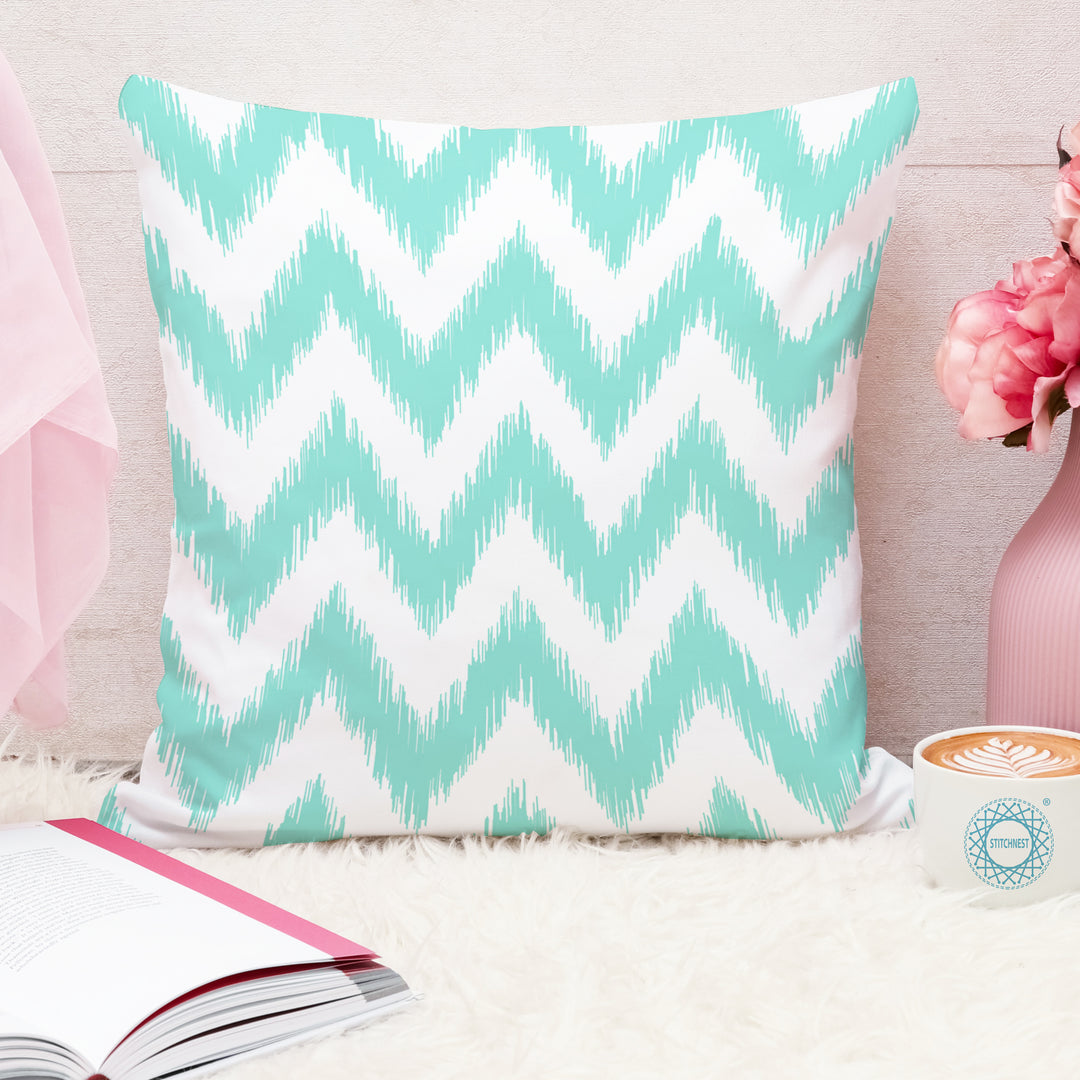 Teal Geometrical Ikat Ethnic Printed Cotton Canvas Cushion Covers, Set of 5