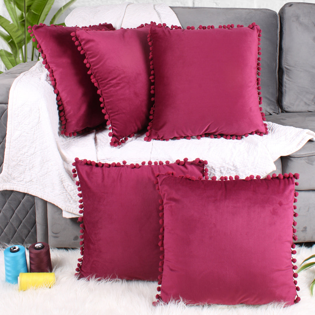 Velvet Cushion Covers Adorned With Pom Poms Set of 5, Maroon