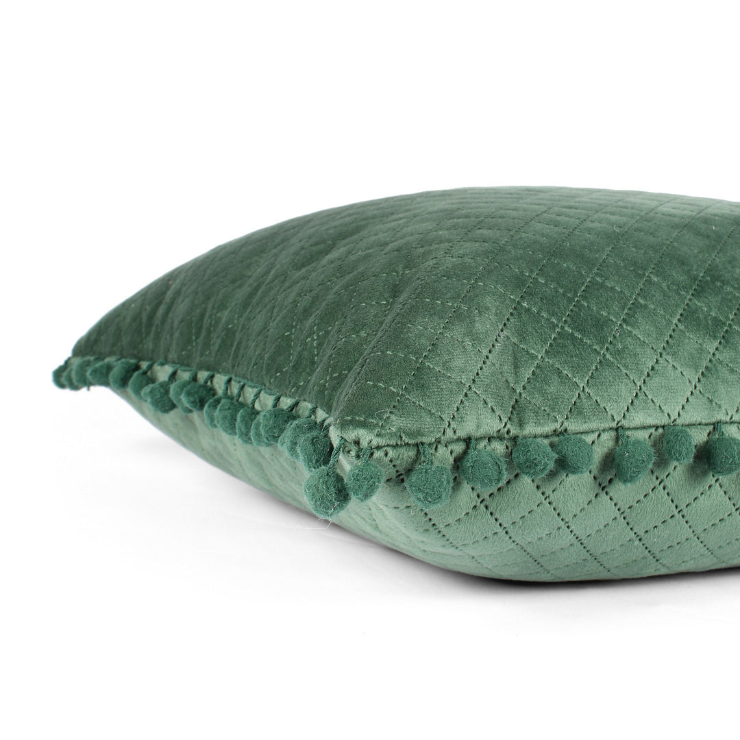 Both Side with PomPom Quilted Velvet Cushion Cover (Set of 2), Green