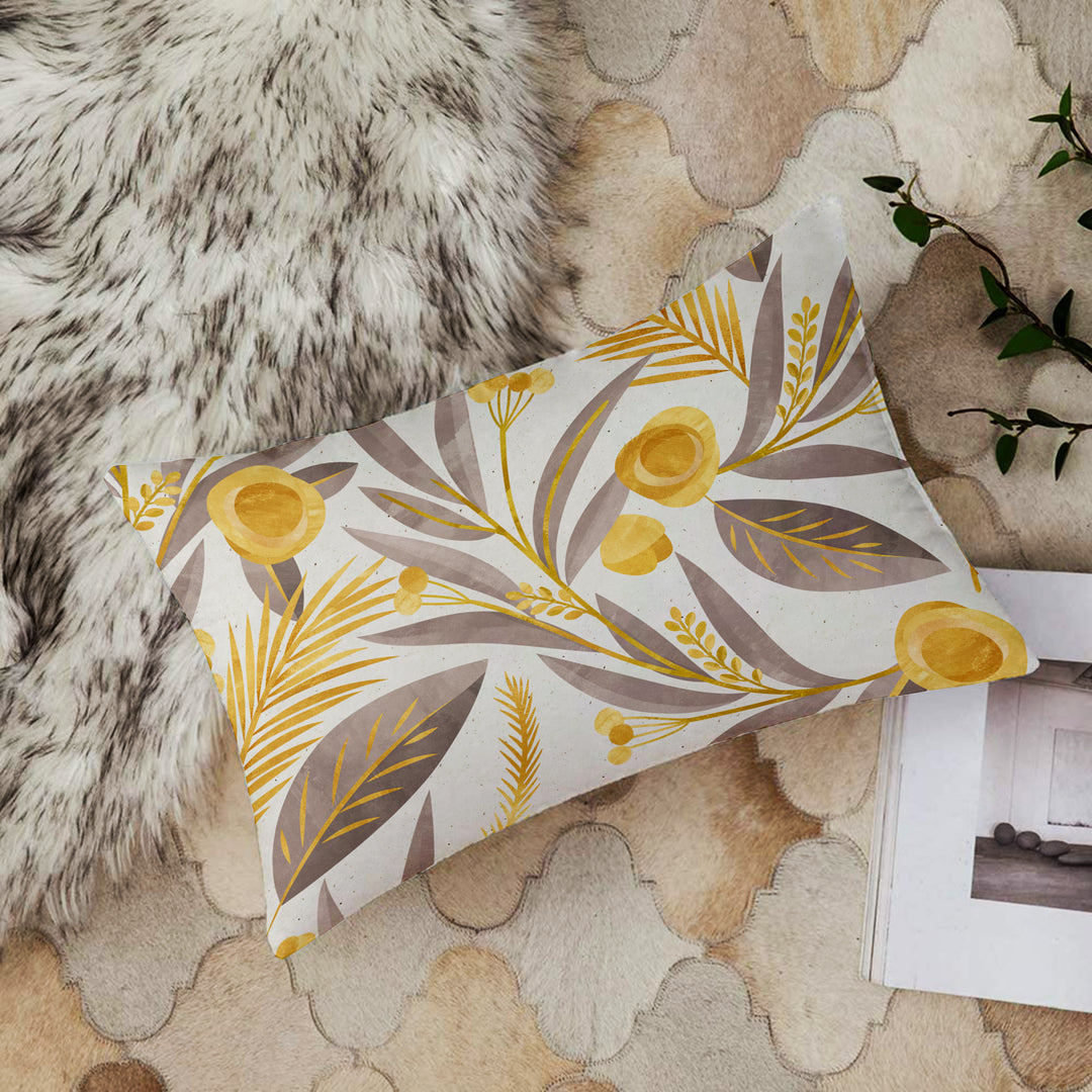 Yellow & Grey Floral Printed Canvas Cotton Rectangular Cushion Covers, Set of 2