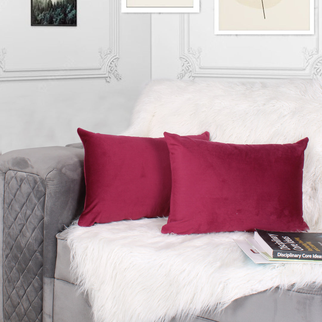 Soft Luxurious Velvet Cushion Covers Rectangular Set of 2 ,Maroon