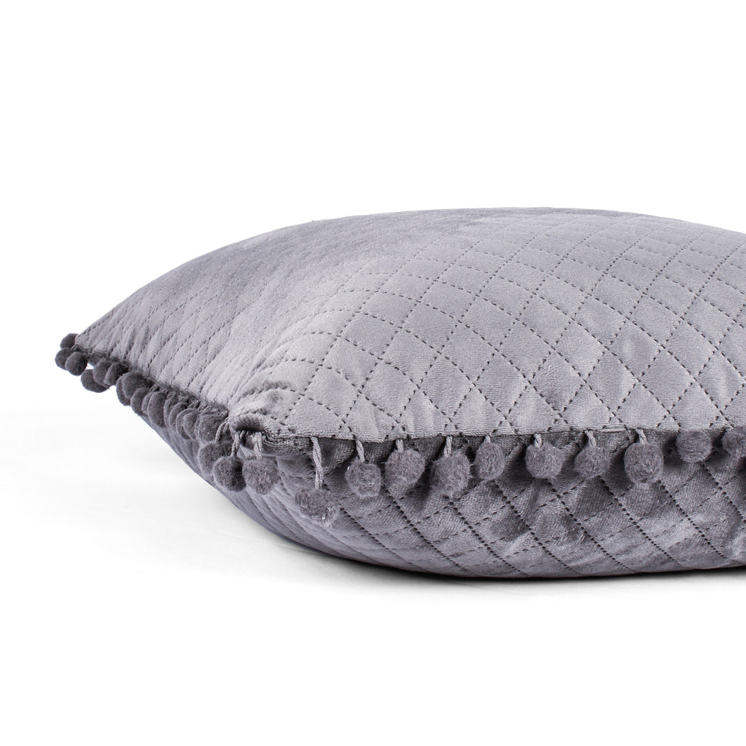 Both Side with PomPom Quilted Velvet Cushion Cover (Set of 2), Grey