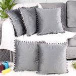 Load image into Gallery viewer, Velvet Cushion Covers Adorned With Pom Poms Set of 5, Grey