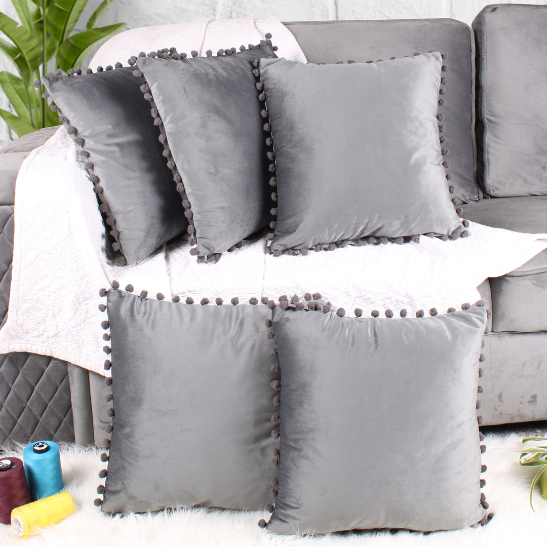 Velvet Cushion Covers Adorned With Pom Poms Set of 5, Grey