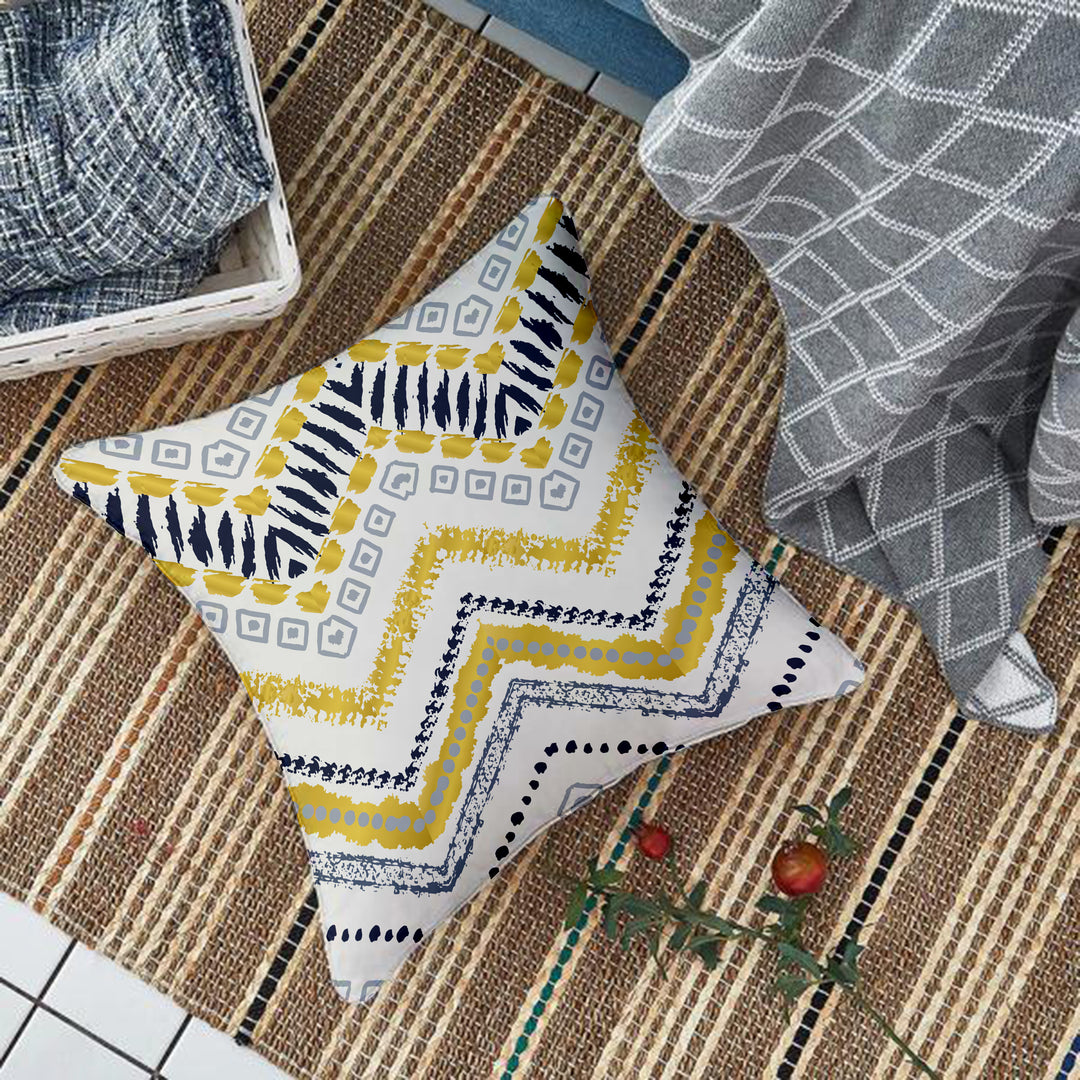 Yellow Geometrical Printed Canvas Cotton Cushion Covers, Set of 2