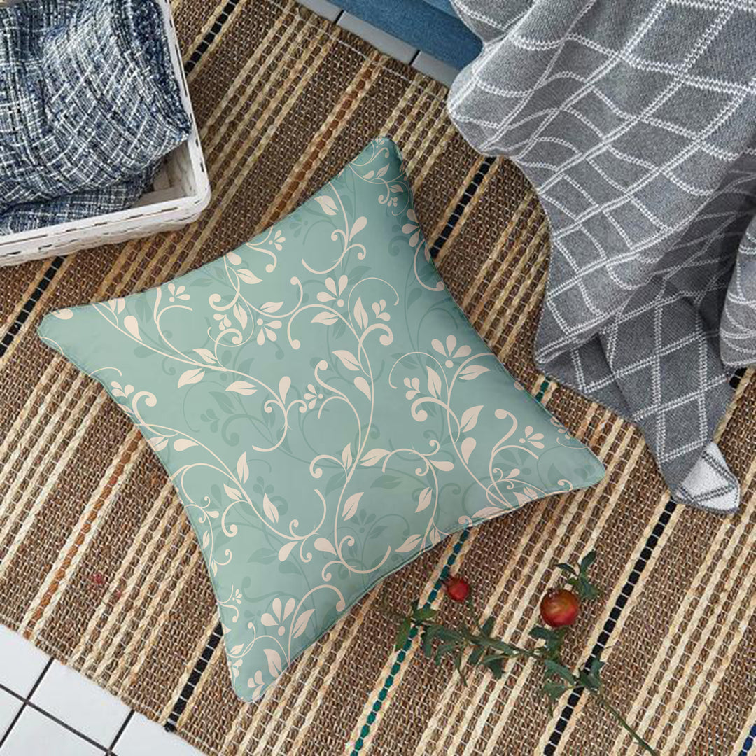 Teal Printed Canvas Cotton Rectangular Cushion Covers, Combo Set 5