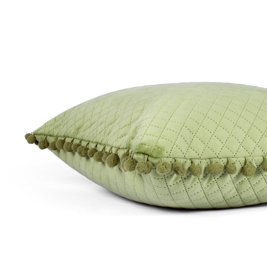 Both Side with PomPom Quilted Velvet Rectangular Cushion Cover (Set of 2), Mehndi