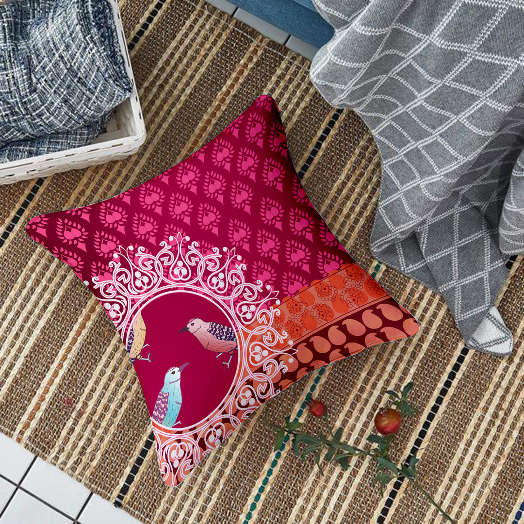 Pink Floral Bird Printed Canvas Cotton Cushion Covers, Set of 5