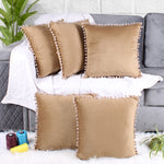 Load image into Gallery viewer, Velvet Cushion Covers Adorned With Pom Poms Set of 5, Brown