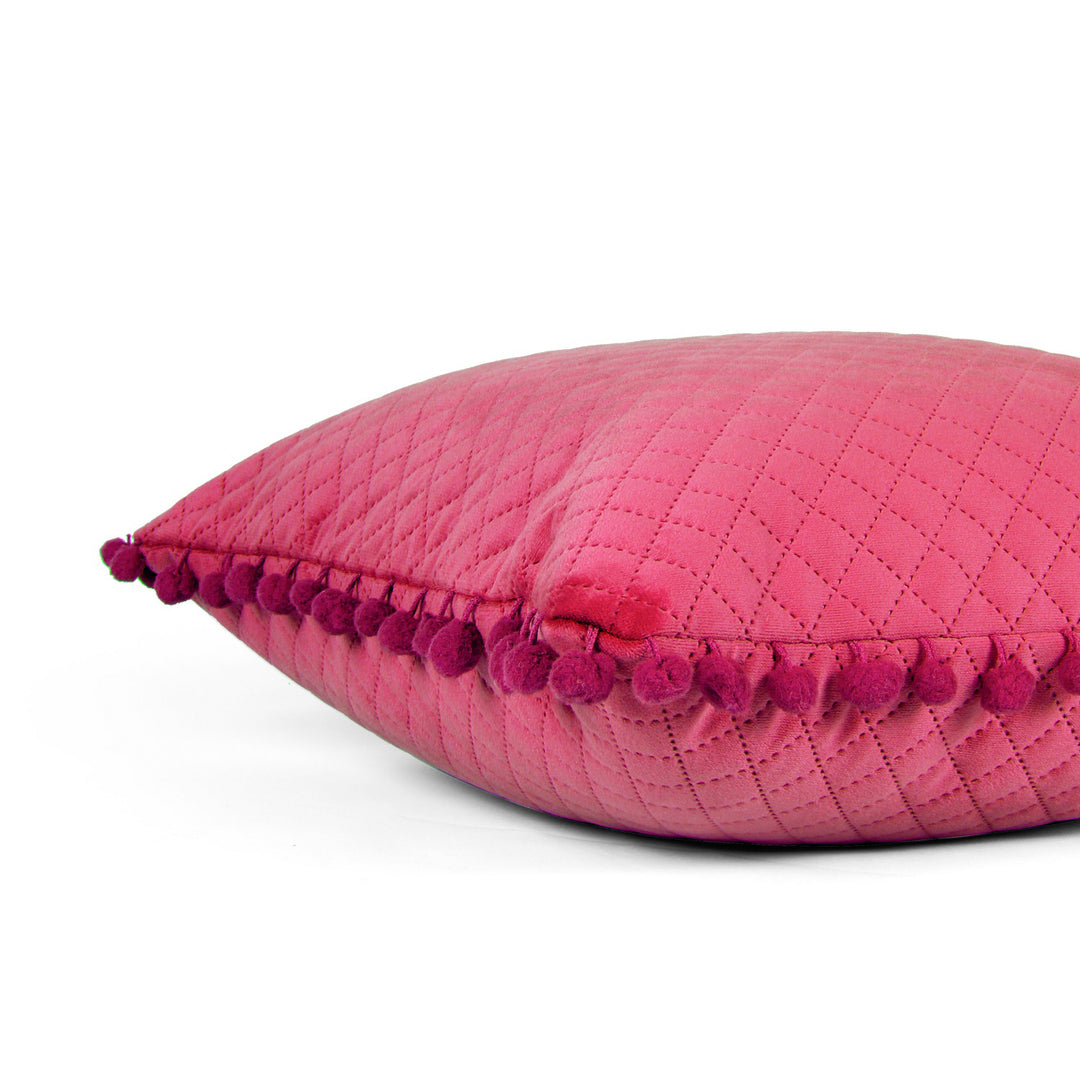 Both Side with PomPom Quilted Velvet Cushion Cover (Set of 2), Maroon