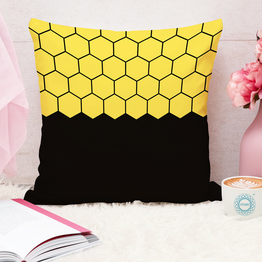 Yellow & Black Geometrical Printed Canvas Cotton Cushion Covers, Set of 5