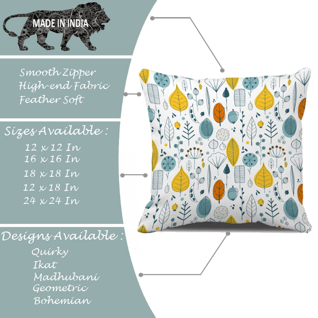 Multi-Color Leaf Printed Canvas Cotton Cushion Covers, Set of 2