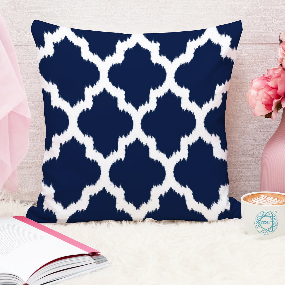 Ikat Blue Geometric Printed Cotton Canvas Cushion Cover Pack of 5