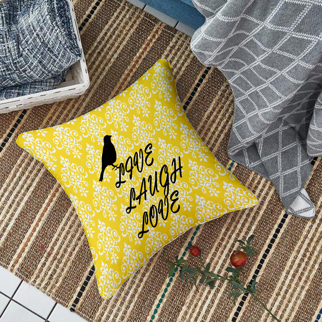 Yellow Bird Floral Printed Canvas Cotton Cushion Covers, Set of 2