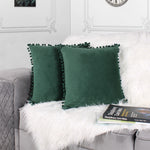 Load image into Gallery viewer, Velvet Cushion Covers Adorned With Pom Poms Set of 2, Green