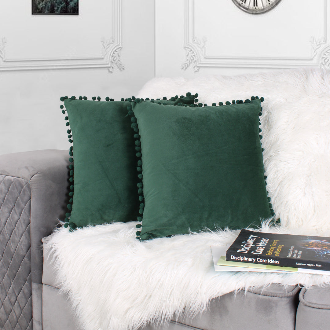 Velvet Cushion Covers Adorned With Pom Poms Set of 2, Green