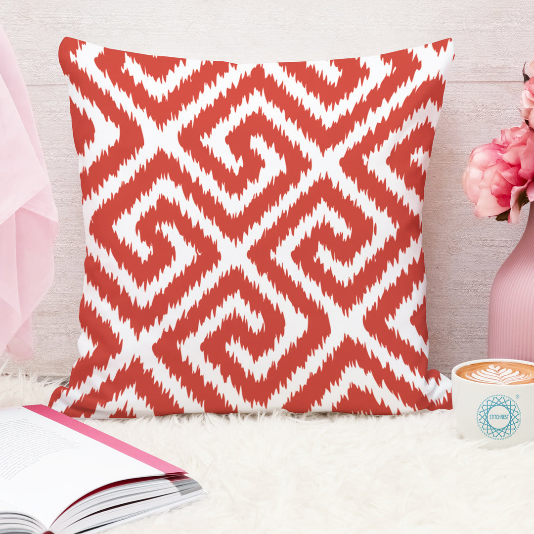 Red Geometrical Ikat Ethnic Printed Canvas Cotton Cushion Covers, Red Set of 2 (24 x 24 Inches)