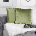 Load image into Gallery viewer, Velvet Cushion Covers Adorned With Pom Poms Set of 2, Mehndi