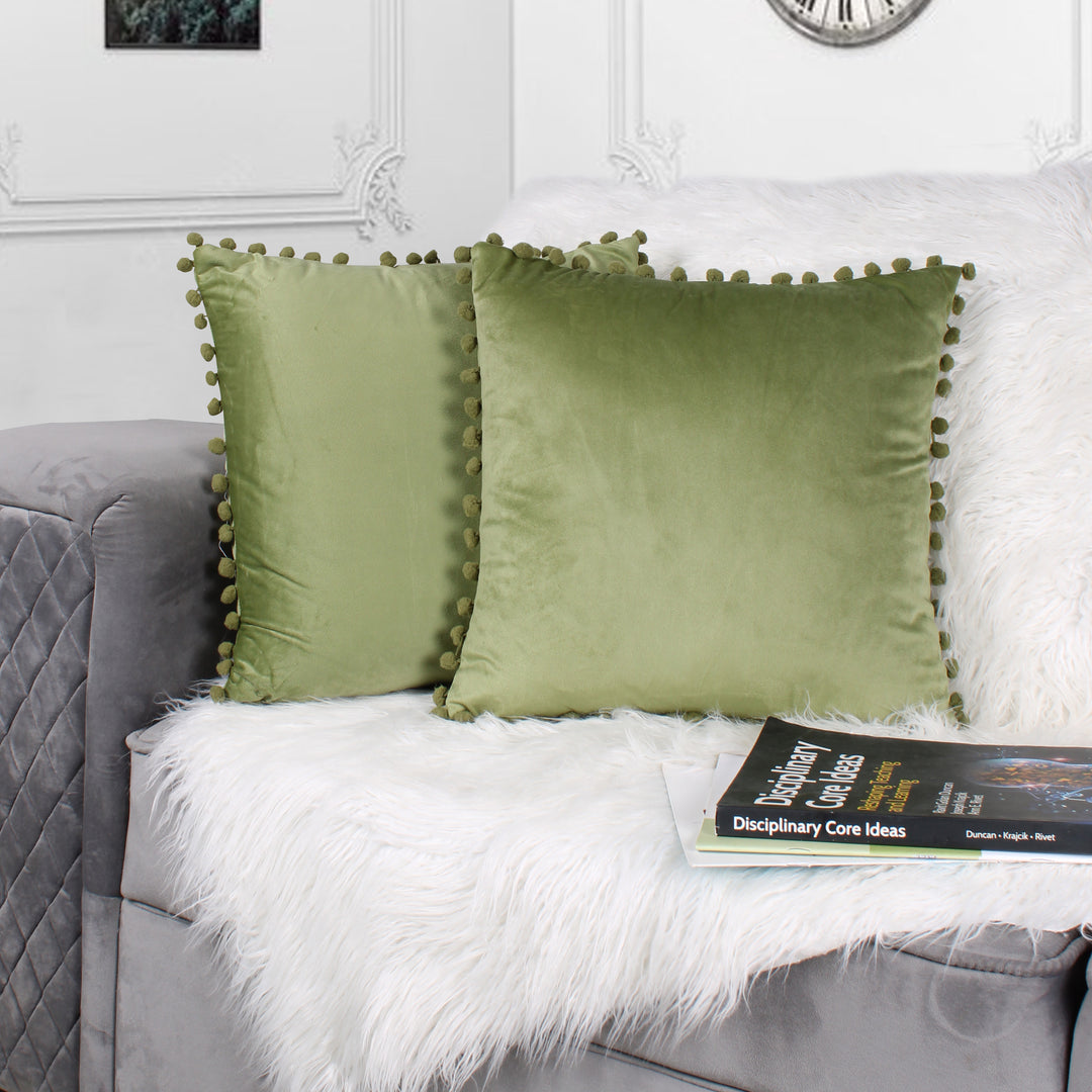 Velvet Cushion Covers Adorned With Pom Poms Set of 2, Mehndi