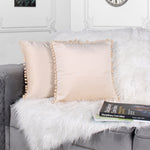Load image into Gallery viewer, Velvet Cushion Covers Adorned With Pom Poms Set of 2, Beige
