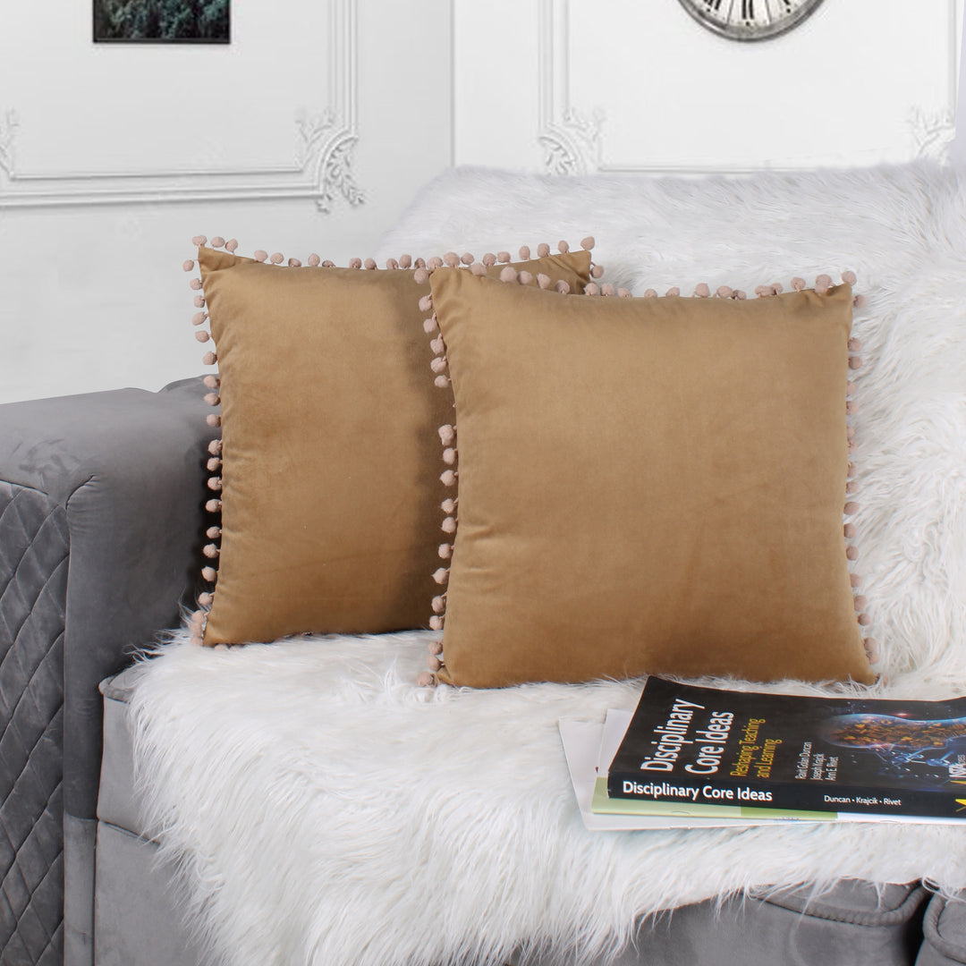 Velvet Cushion Covers Adorned With Pom Poms Set of 2, Brown