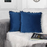 Load image into Gallery viewer, Velvet Cushion Covers Adorned With Pom Poms Set of 2, Blue