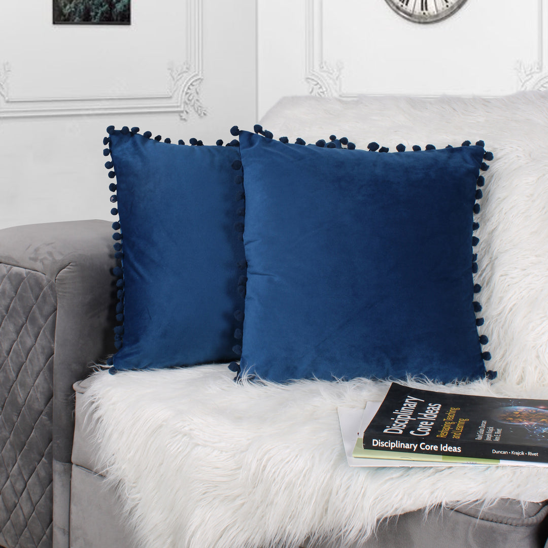 Velvet Cushion Covers Adorned With Pom Poms Set of 2, Blue