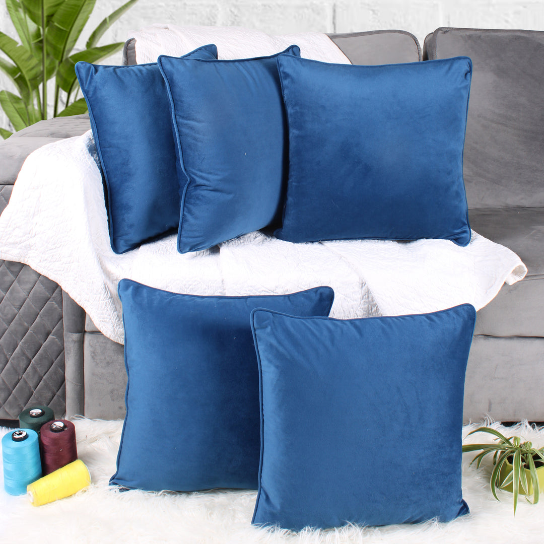 Velvet Cushion Cover With Piping - Perfect for Home Décor Set of 5, Blue