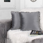 Load image into Gallery viewer, Velvet Cushion Covers Adorned With Pom Poms Set of 2, Grey